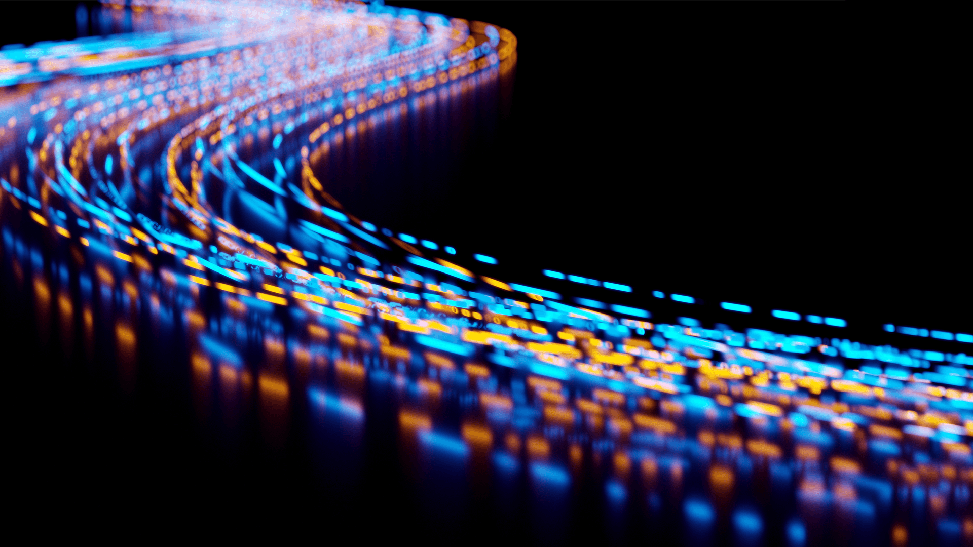 Abstract Digital Network Of Glowing Blue And Orange Light Trails, Representing Supply Chain Technology, AI, Big Data And Internet Infrastructure